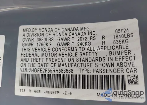 2024 Honda Civic Sport from USA, damaged, VIN 2HGFE2F55RH583668